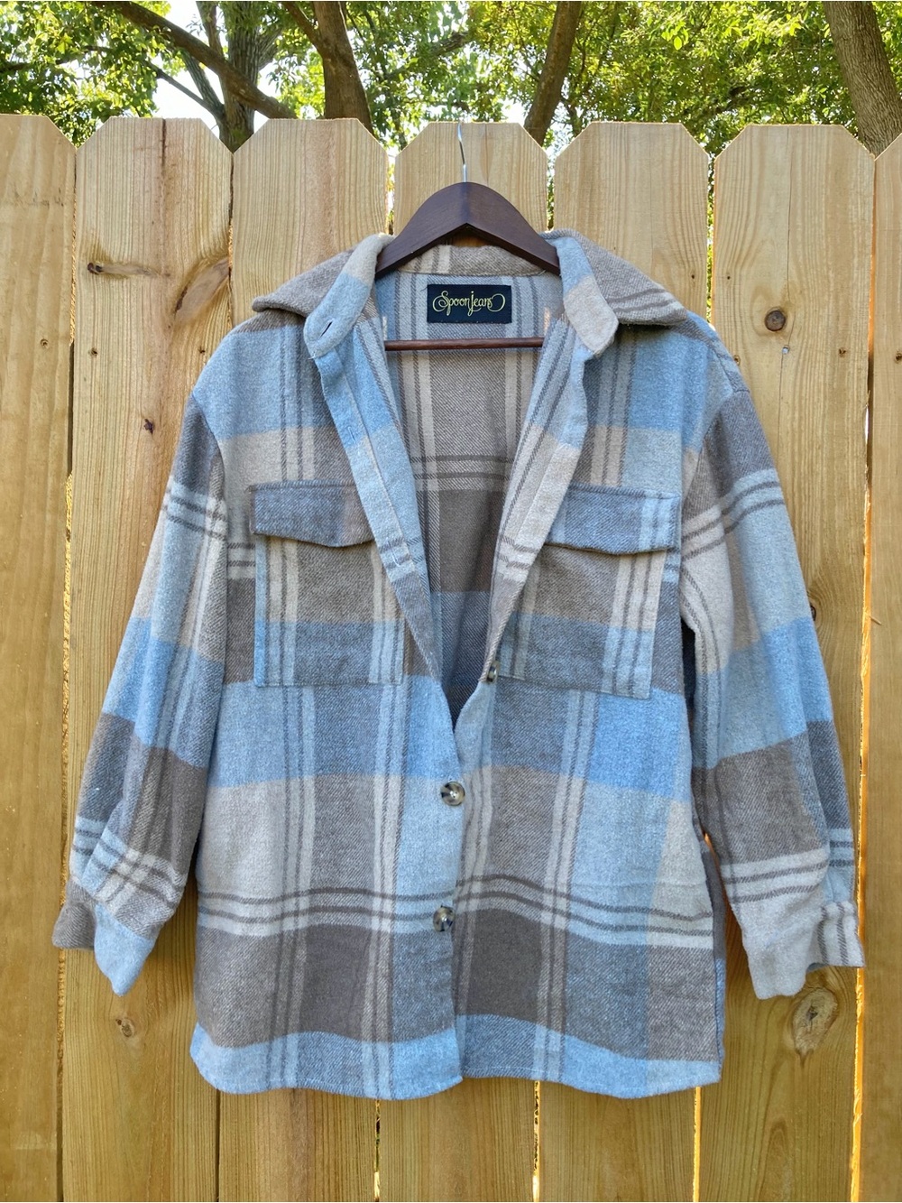 Spoon Jeans Blue & Gray Plaid Flannel Coat